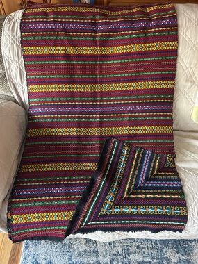 Handwoven Multicolor Table Throw - Vibrant Red Stripe Design size about 110”x32”